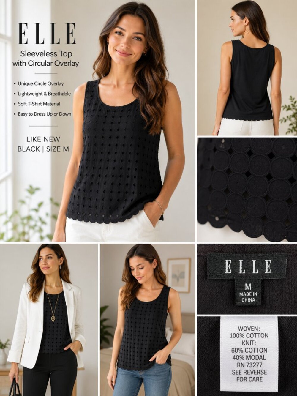 ELLE Black Sleeveless Circle Overlay Tank Top Size M Like New